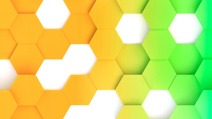 Abstract geometric background 3D orange green hexagons on white background.