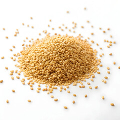 Single dried sesame seed isolated on white background, highlighting its small size, smooth beige texture,