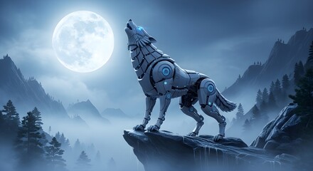 Naklejka premium Robotic Grey Wolf Howling at the Moon in a Misty Mountain