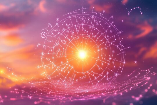 Glowing celestial zodiac wheel with constellation symbols illuminated by a bright sun at dawn or dusk sky bursting with warm pink and purple clouds - Powered by Adobe