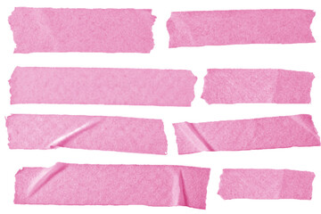 Pink adhesive masking tape set isolated on transparent background. Ripped sticky tape pieces, torn scotch tape strips, wrinkled paper tape mockup template, cutout design elements PNG
