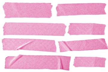 Pink adhesive masking tape set isolated on transparent background. Ripped sticky tape pieces, torn scotch tape strips, wrinkled paper tape mockup template, cutout design elements PNG