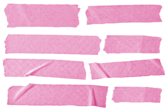 Pink adhesive masking tape set isolated on transparent background. Ripped sticky tape pieces, torn scotch tape strips, wrinkled paper tape mockup template, cutout design elements PNG