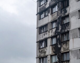 Obraz premium Damaged Apartment Building Exterior: Urban Decay and Fire Damage