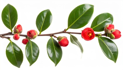 Red Flowering Quince Branch with Buds and Blooms