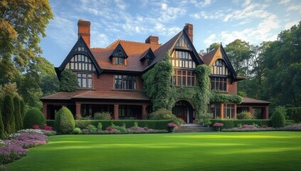Large brick house with ivy climbing on the facade surrounded by lush green lawn and colorful flower beds under a partly cloudy sky