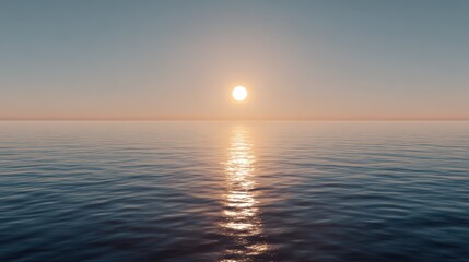 Naklejka premium Serene seascape at sunrise with golden sunlight reflecting on calm ocean waters. Tranquil natural beauty, warm color gradient, and peaceful horizon.