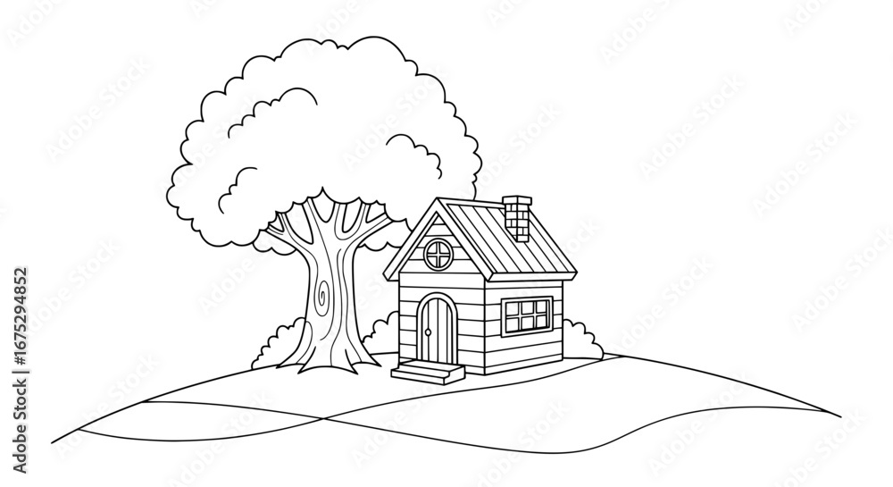 Poster line drawing of a small house with large tree and landscape with transparent background
