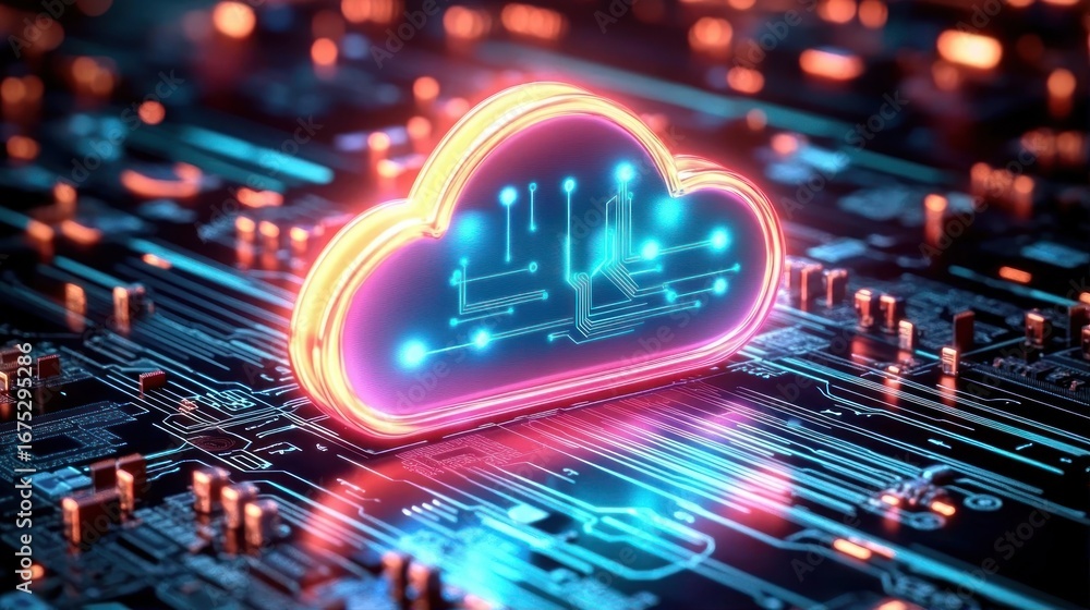 Aufkleber glowing neon cloud icon with circuit lines on illuminated computer motherboard representing digital 