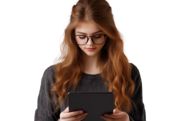 Attractive young woman with long hair and glasses engaged with a tablet indoors in a cozy setting, focused and enjoying her digital experience, creating a relaxed atmosphere