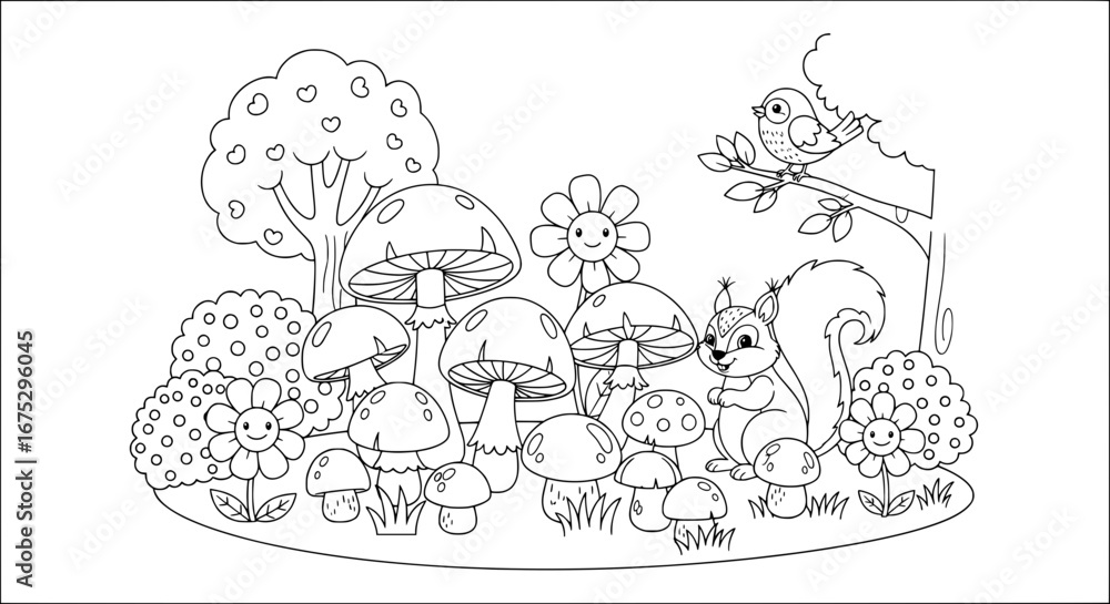 Poster mushroom and flower pattern with transparent background