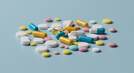 Assorted Pills and Capsules on a Soft Blue Surface: A Minimalistic Healthcare Composition