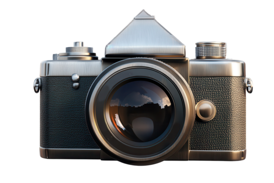 Detailed close-up of a vintage camera with distinct features isolated on a transparent background, showcasing its stylish design and classic elements in low resolution