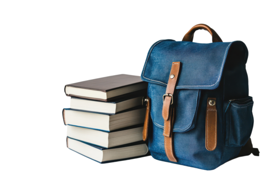 Back to school essentials featuring a stylish backpack next to stacked books on a plain background, ready for a new academic year