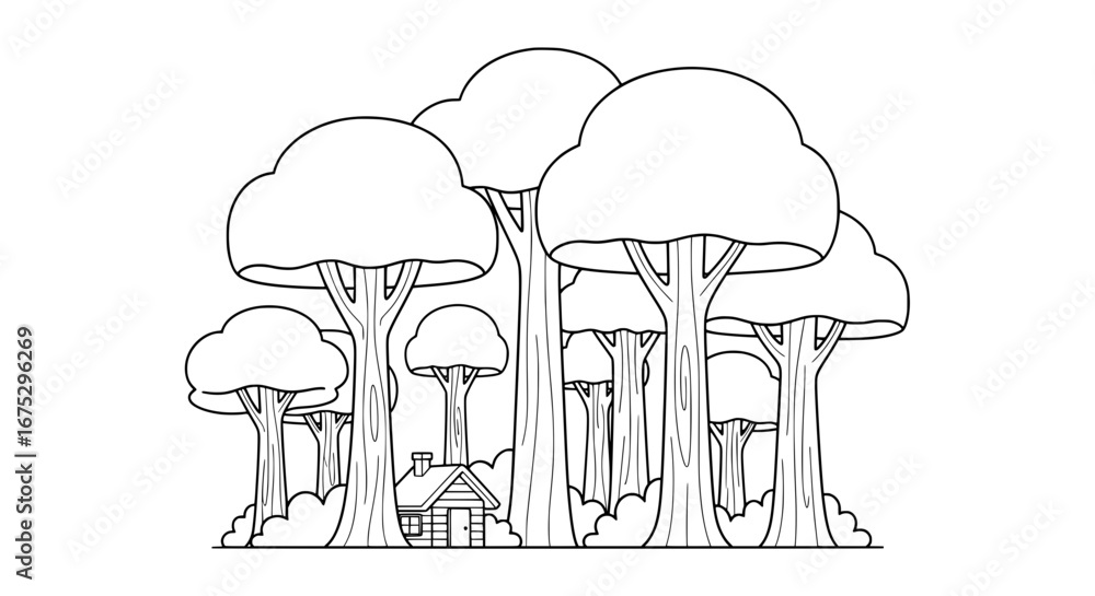Poster silhouette of a forest with tall trees and small cabin with transparent background