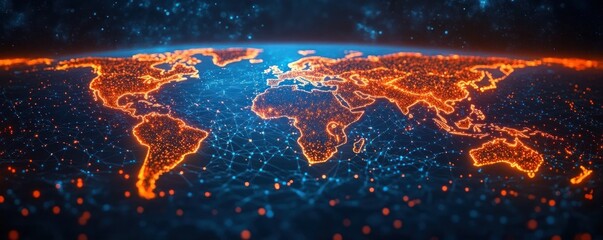 Glowing digital world map with illuminated continents connected by blue network lines and nodes under a starry sky, symbolizing global communication and technology