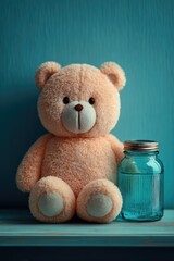Peach teddy bear and teal jar on shelf