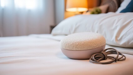 A small speaker and coiled cable resting on a white bed in a bedroom with a lamp and curtains nearby