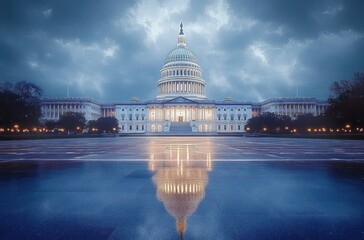 Fototapeta premium Illuminated neoclassical government building with large dome reflected in wet pavement under dramatic cloudy evening sky