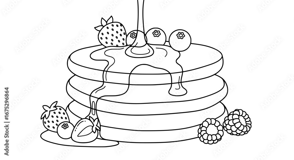 Poster stack of pancakes with fresh berries and syrup on transparent background