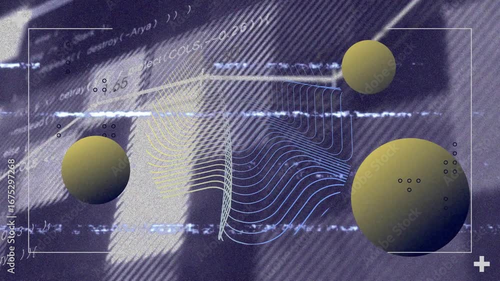 Aufkleber glitch lines sweeping initiating 3d mesh pulsing with spheres shifting and graph visualizing trends