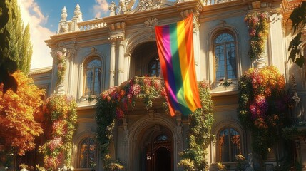 Fototapeta premium Elegant historic building adorned with vibrant hanging flower baskets and a large rainbow flag, bathed in warm sunlight with a partly cloudy sky
