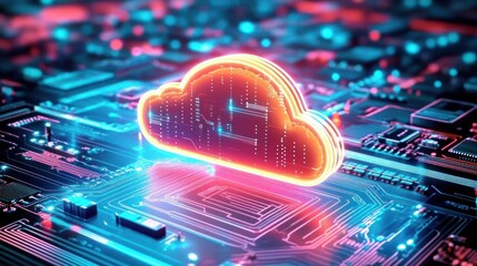 Glowing digital cloud icon on a futuristic computer circuit board representing cloud computing and data technology