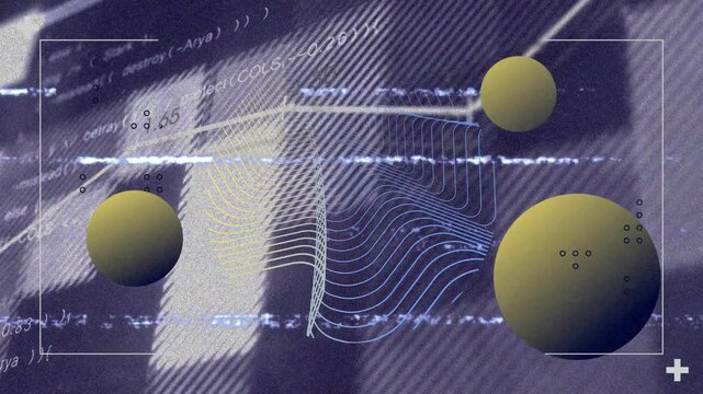 Glitch lines sweeping initiating 3D mesh pulsing with spheres shifting and graph visualizing trends