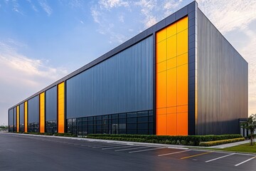Fototapeta premium Modern industrial warehouse with dark gray walls and bright orange vertical panels under a partly cloudy blue sky