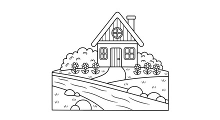 Naklejka premium House with garden and flowing stream with transparent background