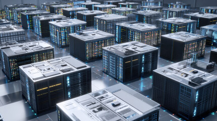 aerial view of data hall with symmetrical cooling ducts futuristic composition no people illustration concept scene visual for commercial design use high detail quality stock image illustration