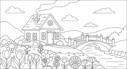 Fototapeta premium Country house with garden and bridge on a transparent background