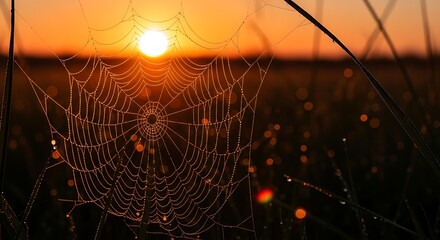 Sunlit spiderweb with dew drops glistening, catching morning light