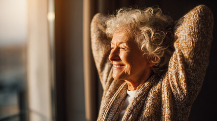 Elderly woman doing light stretching exercise at home, smiling, healthy lifestyle, sunlight through window.
