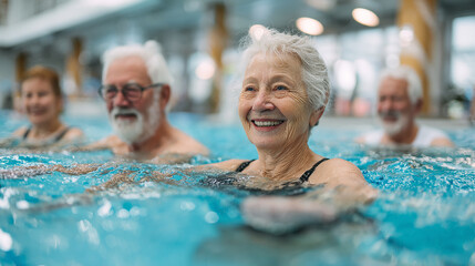 Fototapeta premium Group of seniors participating in water aerobics class, indoor pool, active lifestyle.