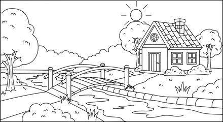 Landscape with house, bridge, and trees with transparent background