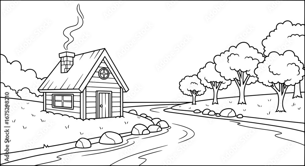 Poster minimalistic house with trees and pathway with transparent background
