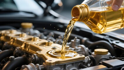 Car engine oil change service pouring motor oil automotive maintenance and repair auto mechanic shop