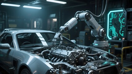 Car repair automated robotic arm vehicle maintenance auto service futuristic technology