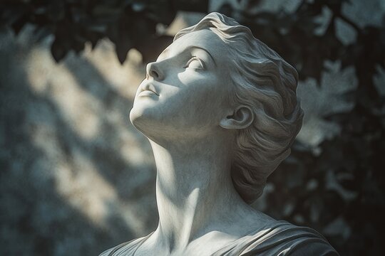 marble bust sculpture of a woman looking upwards with serene and hopeful expression surrounded by soft natural light and dark blurred foliage - Powered by Adobe