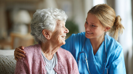 Nurse assisting elderly patient in home care setting, warm and caring atmosphere.