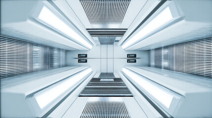 Fototapeta premium aerial view of data hall with symmetrical cooling ducts futuristic composition no people illustration concept scene visual for commercial design use high detail quality stock image illustration