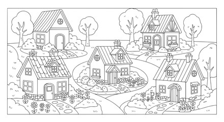 Naklejka premium Line art drawing of houses and trees with transparent background