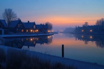 Calm winter evening with houses along a tranquil river reflecting warm lights under a pastel sunset sky