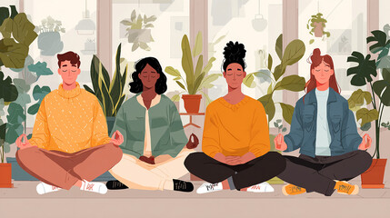 Office workers meditating together during break time, calm atmosphere, indoor plants, mindfulness at workplace.
