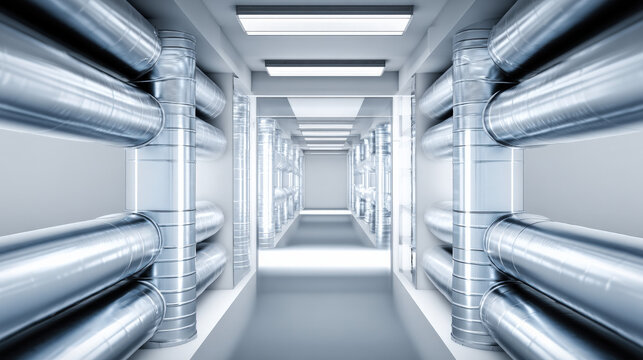 aerial view of data hall with symmetrical cooling ducts futuristic composition no people illustration concept scene visual for commercial design use high detail quality stock image illustration