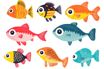 Colorful childish fish designed in a variety of shapes and sizes on a clean white background showcasing creativity and playfulness with a vibrant aesthetic ideal for children's artwork