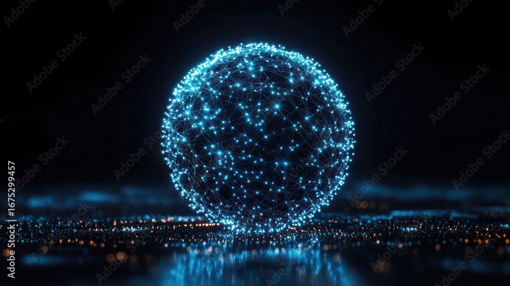 Aufkleber glowing blue digital sphere made of interconnected nodes and lines floating above a reflective surfa