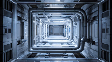 aerial view of data hall with symmetrical cooling ducts futuristic composition no people illustration concept scene visual for commercial design use high detail quality stock image illustration