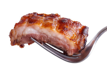 Juicy pork meat on fork isolated against a white background highlighting the texture and flavor of the savory dish